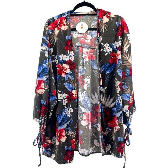 Easel Women’s Faded Olive Floral Print Velvet Open Front Oversized Kimono Small - Picture 1 of 12